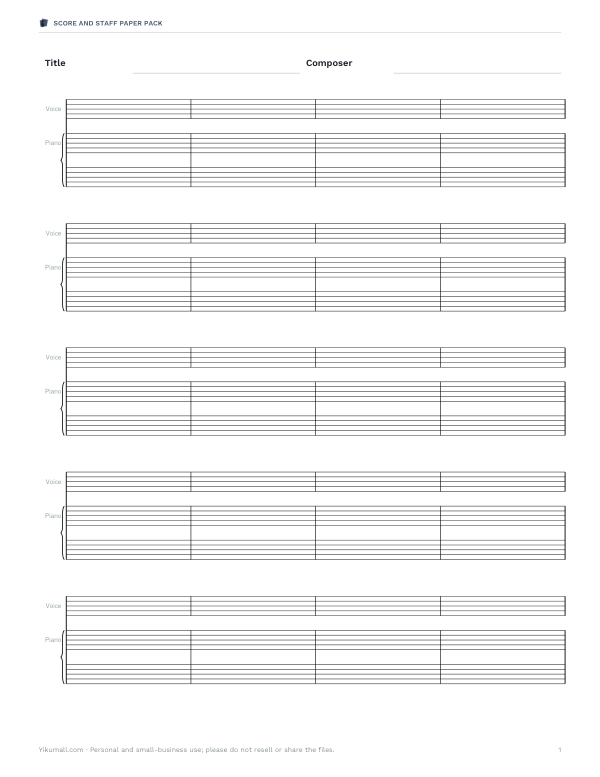 Preview of Printable Voice and Piano Staff Paper